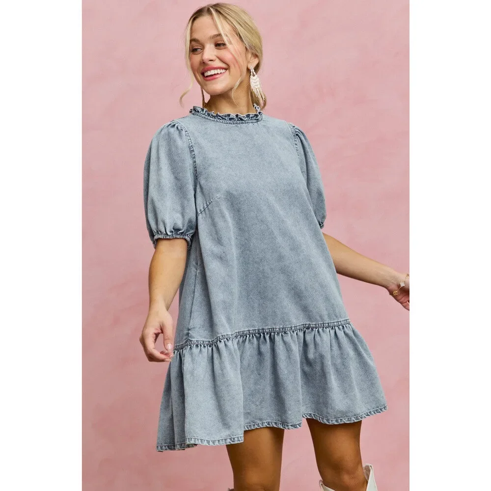 SO ME Denim Short Sleeves Mini Tiered Dress - Picture 12 of 15